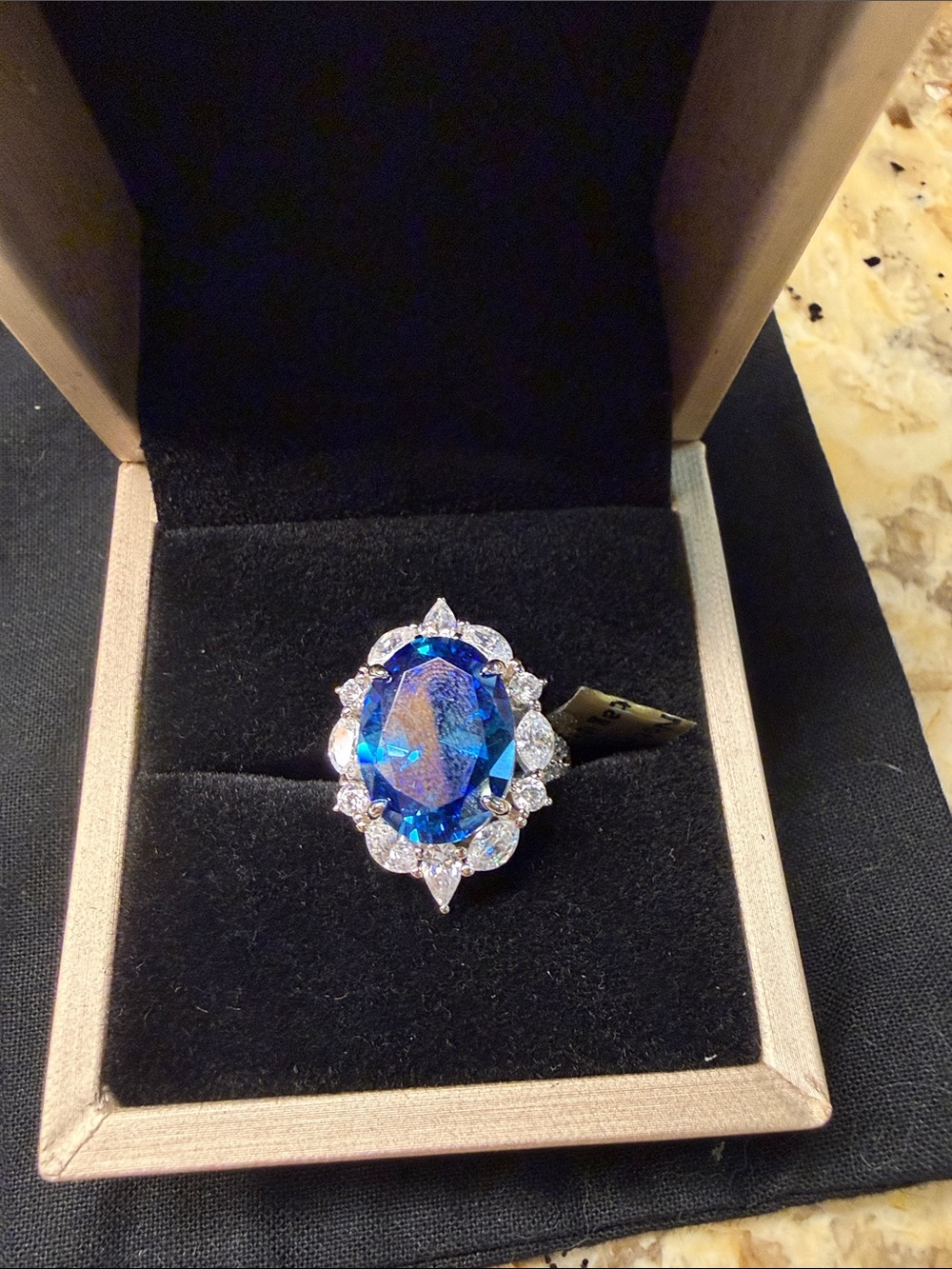 Oval Blue Halo Cocktail Ring with Clear Accents